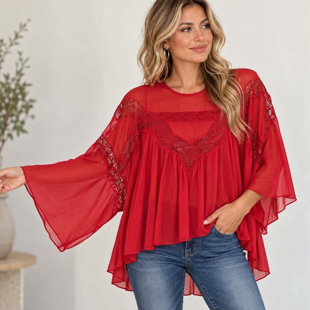 White House Black Market Blouse Womens S Red Lace High Low Sheer Bell Sleeve